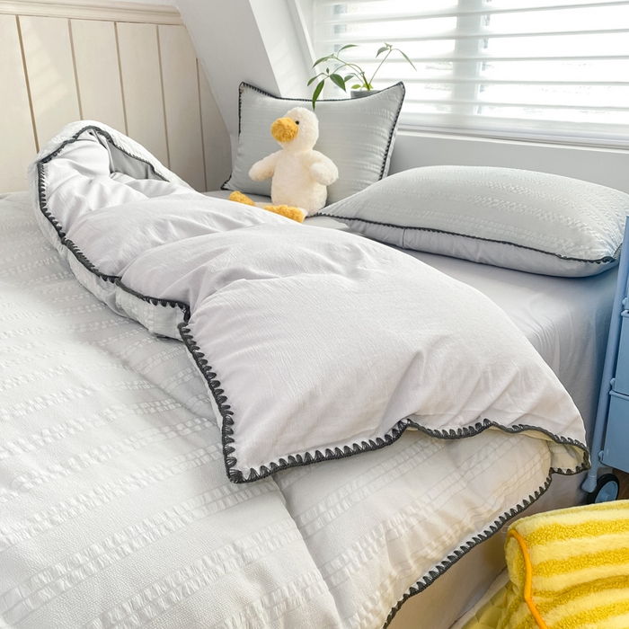 91家纺网 家纺一手货源 找家纺 羋多2024新款贝壳边雨泡泡棉泡泡纱双层纱四件套 雅士灰