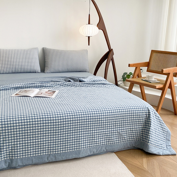 91家纺网 家纺一手货源 找家纺 青螺家纺 2024全棉水洗棉双面色织100%新疆棉花夏被三件套四件套枕套床单 支持质检验货 小兰格