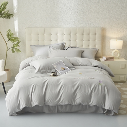 闲鱼家纺 2025新款A类亲肤刺绣四件套春雅系列 郁金香-浅灰