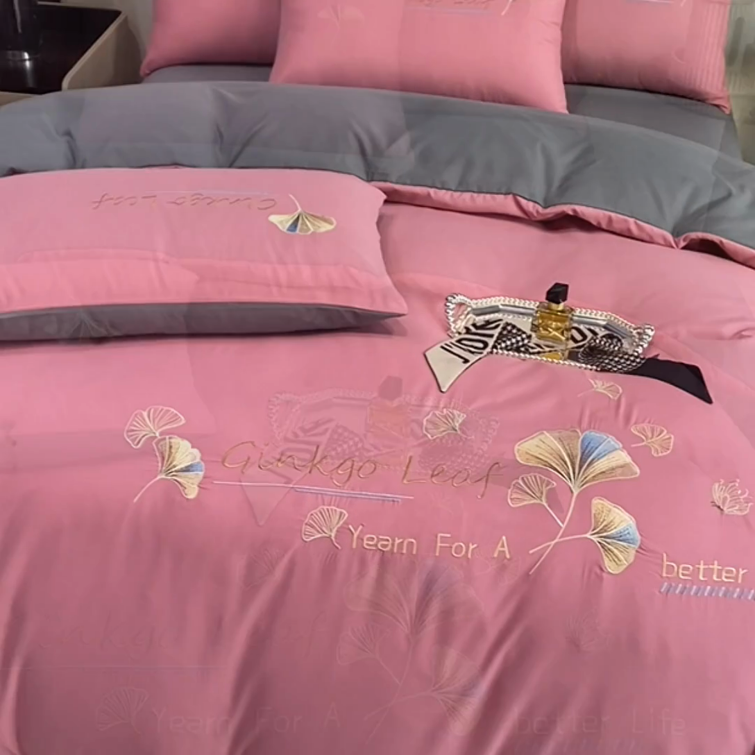 91家纺网 家纺一手货源 找家纺 孟鑫 2025新款水洗磨毛刺绣绣花四件套-三生有杏系列 红豆沙