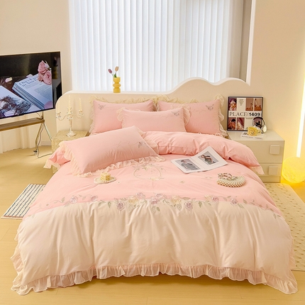 91家纺网 家纺一手货源 找家纺 迪欧芙 2024新款全棉刺绣四件套-满庭院 满庭院-粉