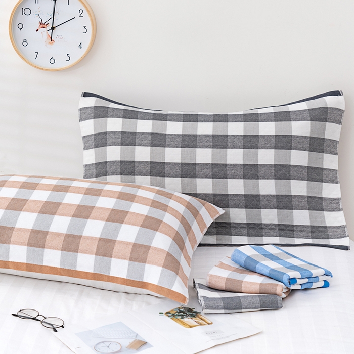 91家纺网 家纺一手货源 找家纺 朴尔家纺-毛巾被 2024新款特惠混纺棉质三层纱布独版AB面枕巾 52*78cm一对 格韵灰