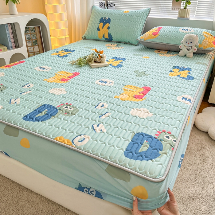 91家纺网 家纺一手货源 找家纺 福来临家纺 2025新款A类凉感丝印花含胶床笠 恐龙乐园