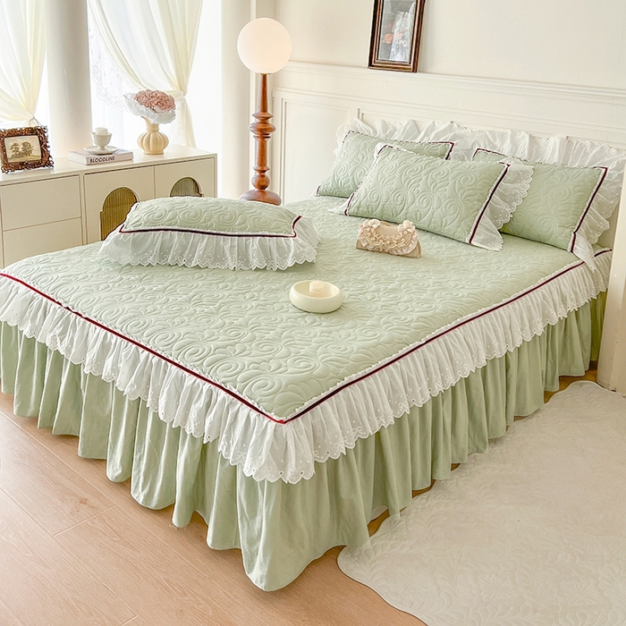 91家纺网 家纺一手货源 找家纺 麒豆豆 2024新款全棉双层纱花边款爱丽丝系列单床裙 豆蔻绿