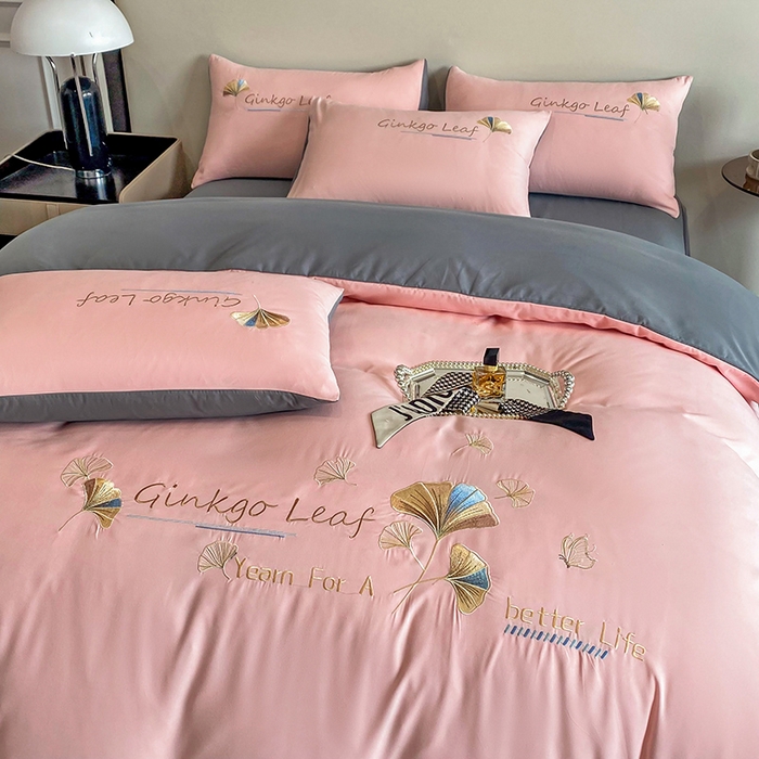 91家纺网 家纺一手货源 找家纺 孟鑫 2025新款水洗磨毛刺绣绣花四件套-三生有杏系列 初恋粉