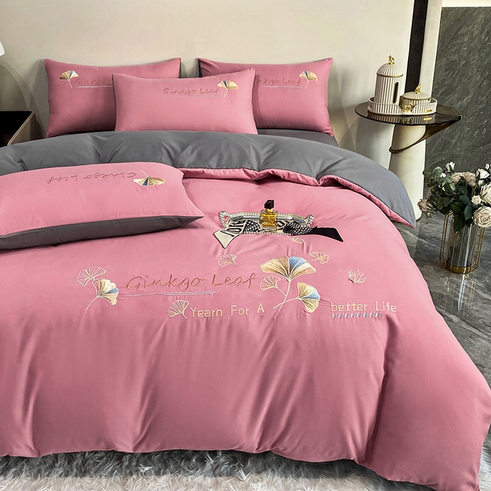 91家纺网 家纺一手货源 找家纺 孟鑫 2025新款水洗磨毛刺绣绣花四件套-三生有杏系列 红豆沙