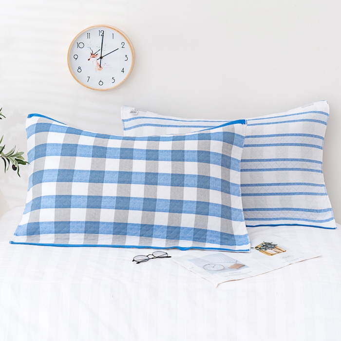 91家纺网 家纺一手货源 找家纺 朴尔家纺-毛巾被 2024新款特惠混纺棉质三层纱布独版AB面枕巾 52*78cm一对 格韵蓝