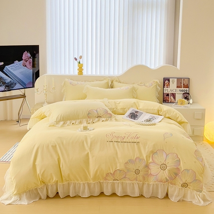91家纺网 家纺一手货源 找家纺 迪欧芙 2024新款全棉刺绣四件套-迎春 迎春-米黄