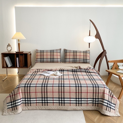 青螺家纺 2024全棉水洗棉双面色织100%新疆棉花夏被三件套四件套枕套床单 支持质检验货 中格咖调