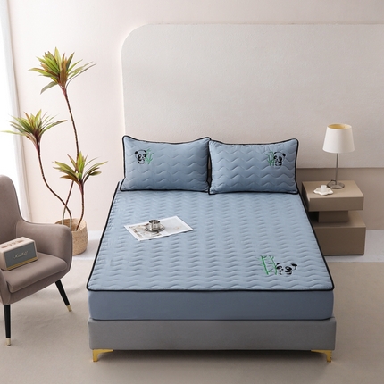 91家纺网 家纺一手货源 找家纺 恒尚居 2024新款熊猫刺绣水洗原棉大豆床笠-四季款 雾蓝