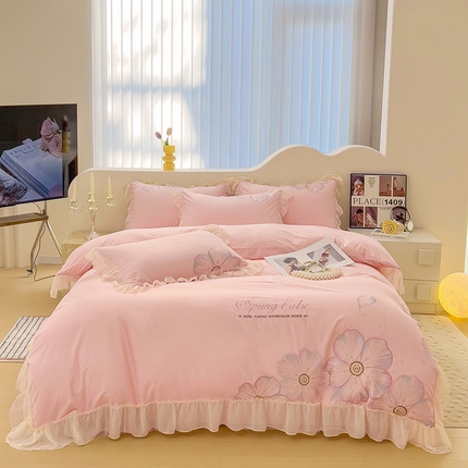 91家纺网 家纺一手货源 找家纺 迪欧芙 2024新款全棉刺绣四件套-迎春 迎春-粉