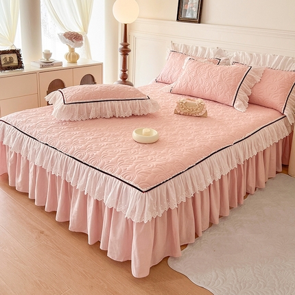 网红馆 2025新款全棉双层纱花边款爱丽丝系列单床裙 樱花粉