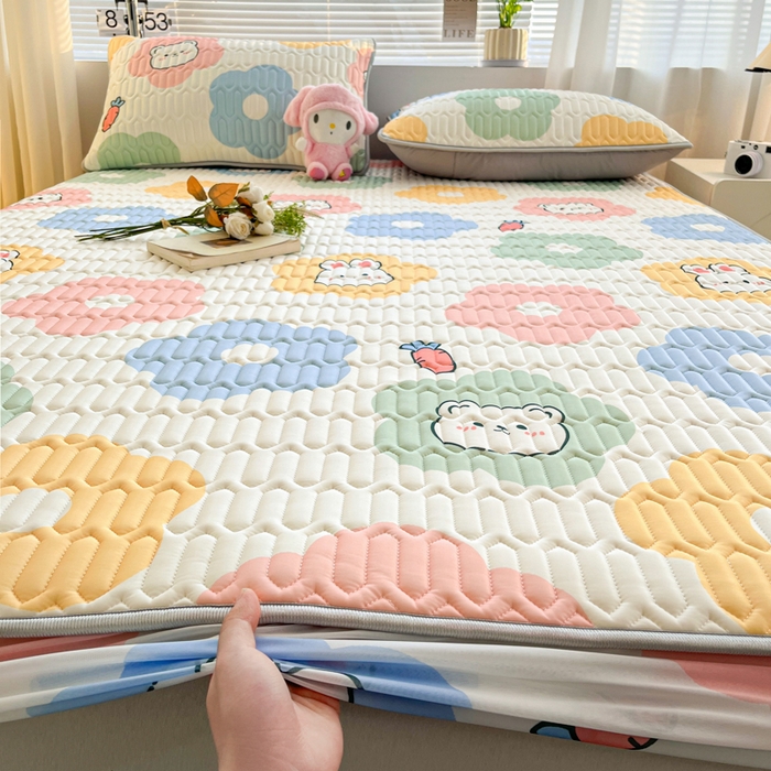 91家纺网 家纺一手货源 找家纺 福来临家纺 2025新款A类凉感丝印花含胶床笠 向阳花