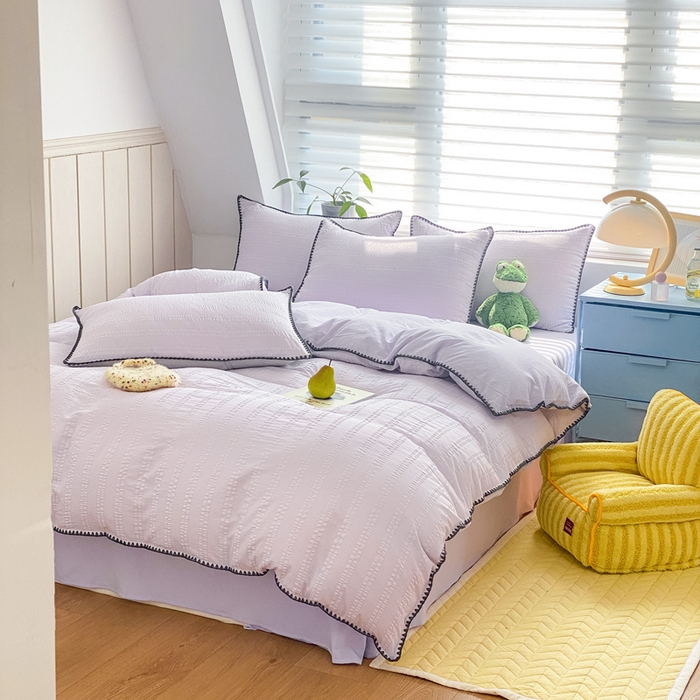 91家纺网 家纺一手货源 找家纺 羋多2024新款贝壳边雨泡泡棉泡泡纱双层纱四件套 香芋紫