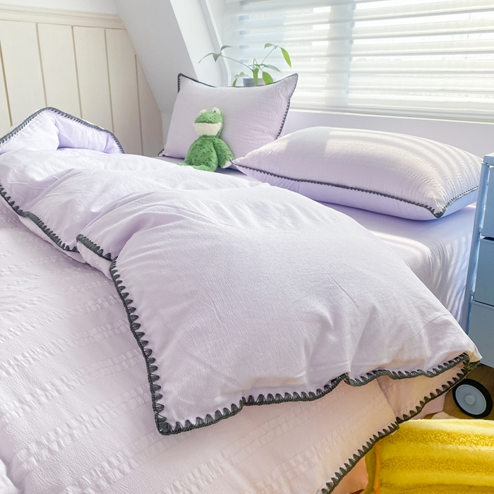 91家纺网 家纺一手货源 找家纺 羋多2024新款贝壳边雨泡泡棉泡泡纱双层纱四件套 香芋紫