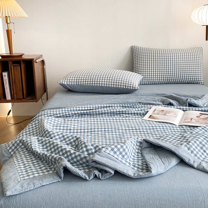 91家纺网 家纺一手货源 找家纺 青螺家纺 2024全棉水洗棉双面色织100%新疆棉花夏被三件套四件套枕套床单 支持质检验货 小兰格