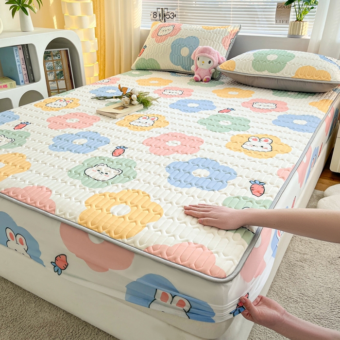 91家纺网 家纺一手货源 找家纺 福来临家纺 2025新款A类凉感丝印花含胶床笠 向阳花