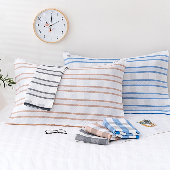 91家纺网 家纺一手货源 找家纺 朴尔家纺-毛巾被 2024新款特惠混纺棉质三层纱布独版AB面枕巾 52*78cm一对 格韵蓝