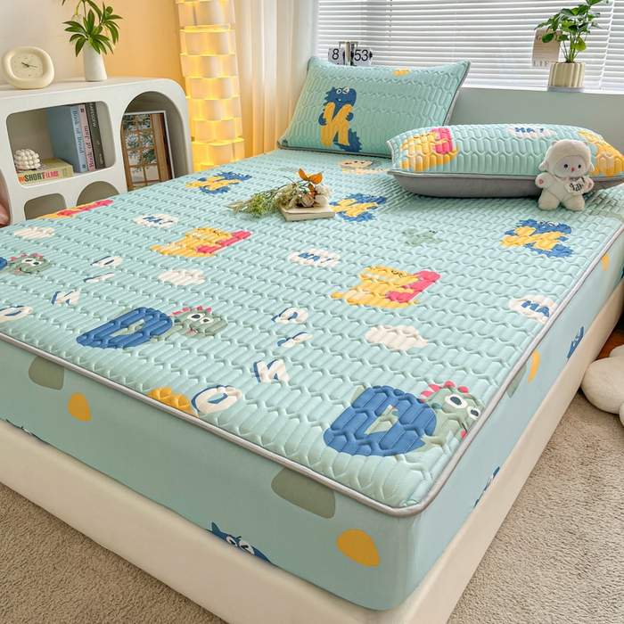 91家纺网 家纺一手货源 找家纺 福来临家纺 2025新款A类凉感丝印花含胶床笠 恐龙乐园