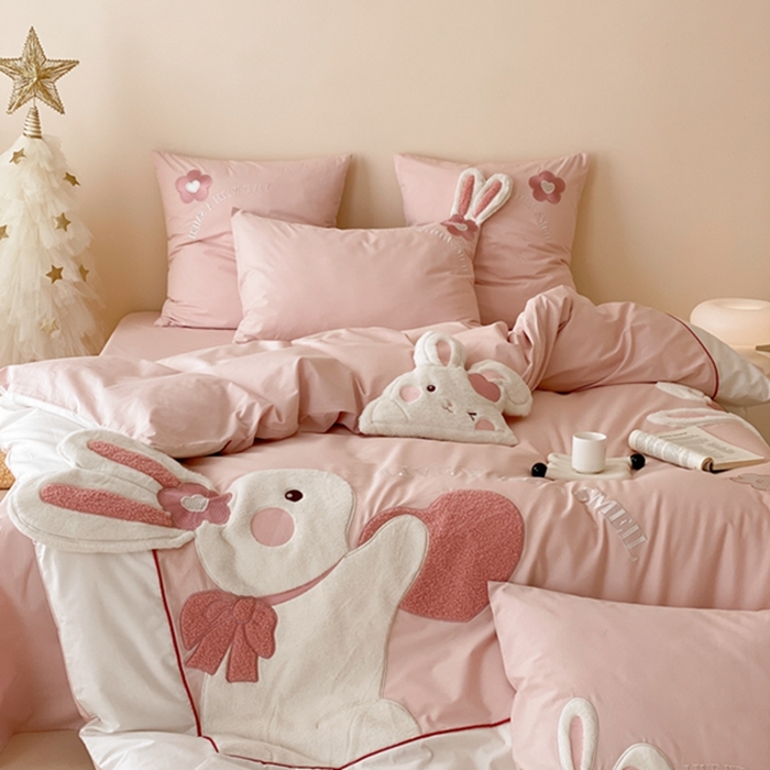 91家纺网 家纺一手货源 找家纺 （总）星野家居 2024春夏新品加厚40s水洗棉贴布绣四件套-抱抱兔