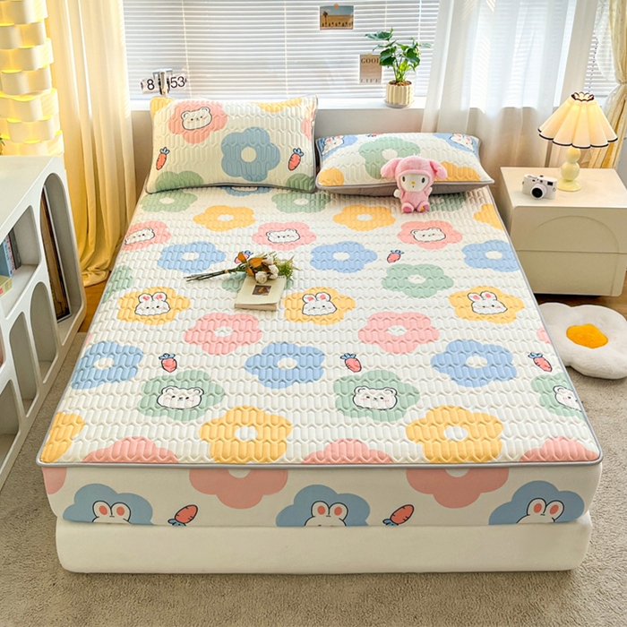 91家纺网 家纺一手货源 找家纺 福来临家纺 2025新款A类凉感丝印花含胶床笠 向阳花