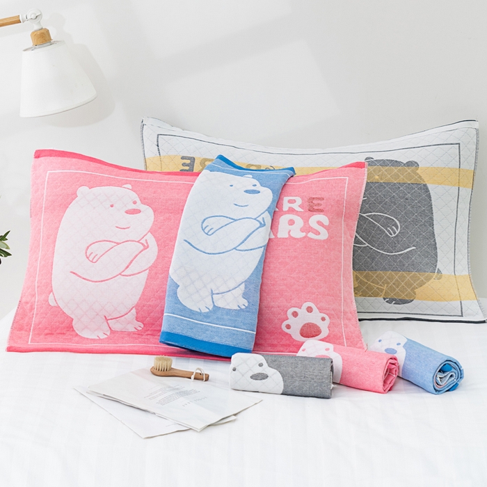 91家纺网 家纺一手货源 找家纺 朴尔家纺-毛巾被 2024新款特惠混纺棉质三层纱布独版AB面枕巾 52*78cm一对 白熊灰