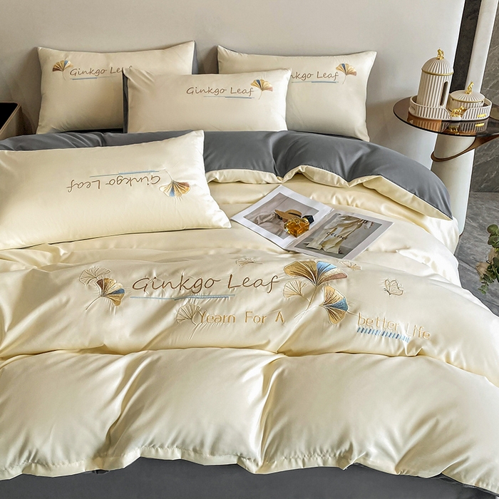 91家纺网 家纺一手货源 找家纺 孟鑫 2025新款水洗磨毛刺绣绣花四件套-三生有杏系列 米白