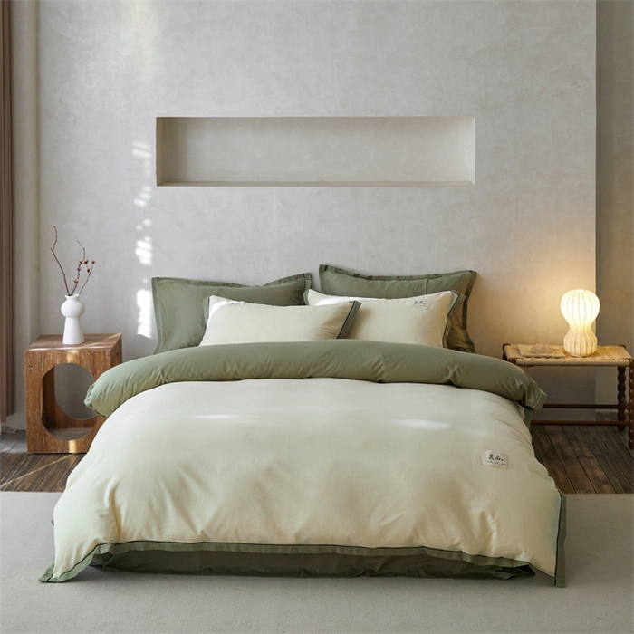 91家纺网 家纺一手货源 找家纺 启程家纺 2024新款全棉A类40支嵌绳包边款四件套 奶黄绿