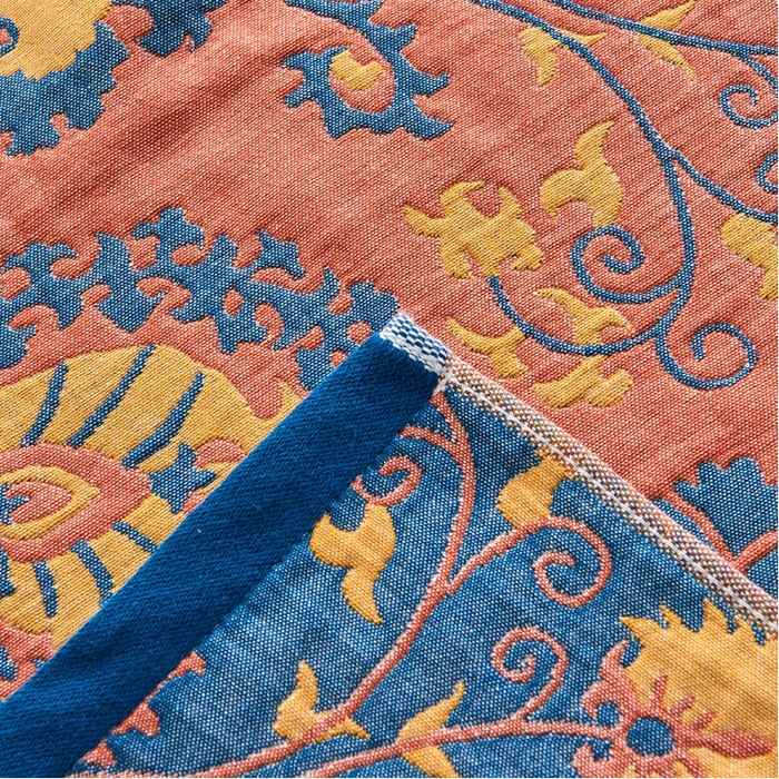 91家纺网 家纺一手货源 找家纺 朴尔家纺2024新款民族风彩棉系列四层纱布枕巾 花花世界蓝