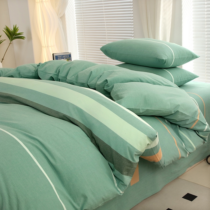 91家纺网 家纺一手货源 找家纺 金纱玉纺家纺 2024新款色织全棉水洗棉四件套 绿桔白条