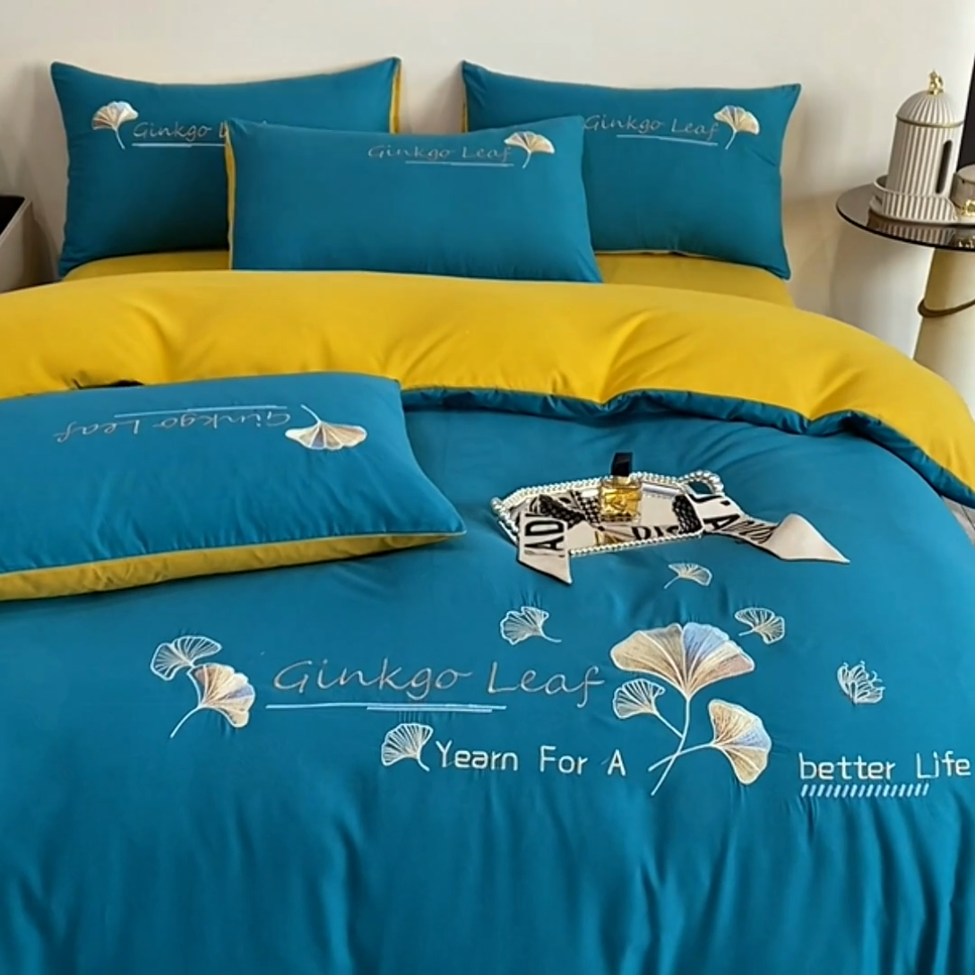 91家纺网 家纺一手货源 找家纺 孟鑫 2025新款水洗磨毛刺绣绣花四件套-三生有杏系列 孔雀兰