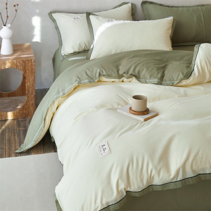 91家纺网 家纺一手货源 找家纺 启程家纺 2024新款全棉A类40支嵌绳包边款四件套 奶黄绿