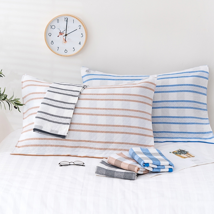 91家纺网 家纺一手货源 找家纺 朴尔家纺-毛巾被 2024新款特惠混纺棉质三层纱布独版AB面枕巾 52*78cm一对 格韵灰