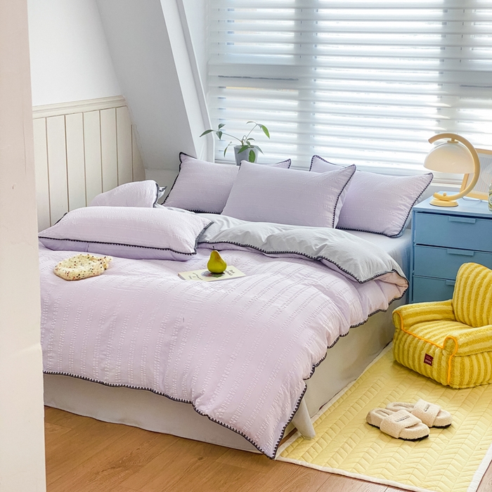 91家纺网 家纺一手货源 找家纺 羋多2024新款贝壳边雨泡泡棉泡泡纱双层纱四件套 香芋紫+雅士灰