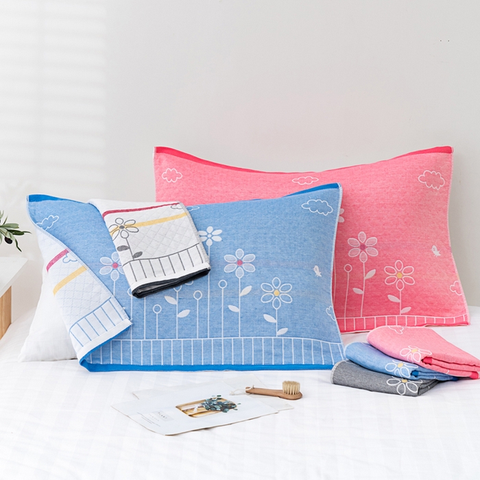 91家纺网 家纺一手货源 找家纺 朴尔家纺-毛巾被 2024新款特惠混纺棉质三层纱布独版AB面枕巾 52*78cm一对 花中细语灰