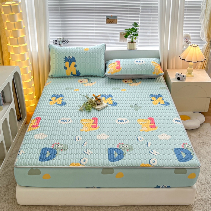 91家纺网 家纺一手货源 找家纺 福来临家纺 2025新款A类凉感丝印花含胶床笠 恐龙乐园