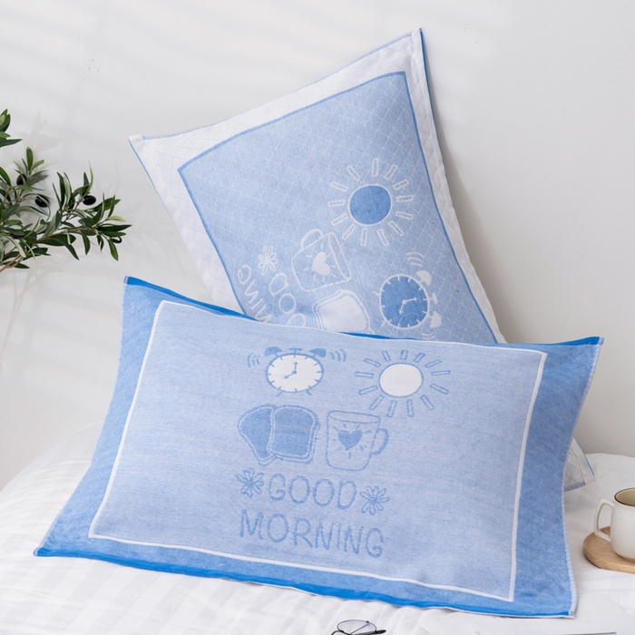 91家纺网 家纺一手货源 找家纺 朴尔家纺-毛巾被 2024新款特惠混纺棉质三层纱布独版AB面枕巾 52*78cm一对 早安蓝