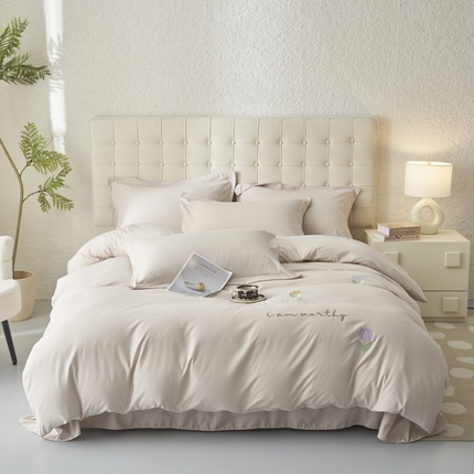 91家纺网 家纺一手货源 找家纺 闲鱼家纺 2025新款A类亲肤刺绣四件套春雅系列 郁金香-浅麦