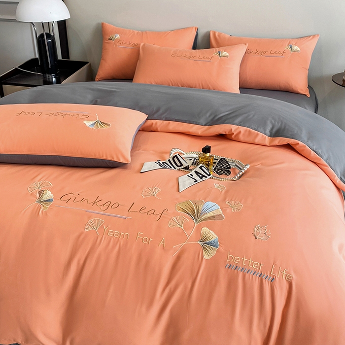 91家纺网 家纺一手货源 找家纺 孟鑫 2025新款水洗磨毛刺绣绣花四件套-三生有杏系列 艾玛橙