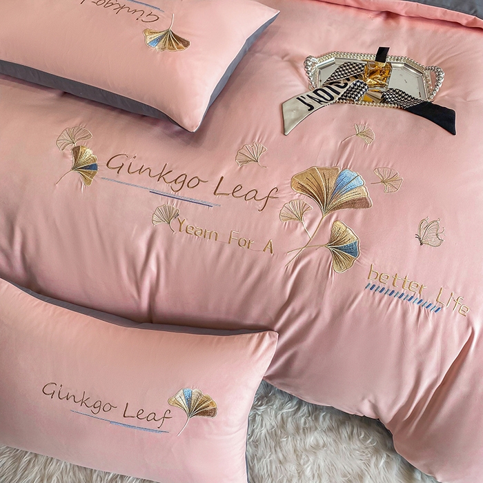 91家纺网 家纺一手货源 找家纺 孟鑫 2025新款水洗磨毛刺绣绣花四件套-三生有杏系列 初恋粉