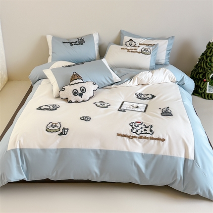 91家纺网 家纺一手货源 找家纺 （总）泽西家纺 2024新款可爱卡通风全棉水洗棉四件套毛巾绣大拼角四件套