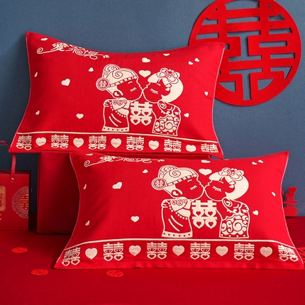 91家纺网 家纺一手货源 找家纺 （总）朴尔家纺-毛巾被 2024新款全棉40股结婚大红多层纱布透气情侣婚庆枕巾52*78cm一对