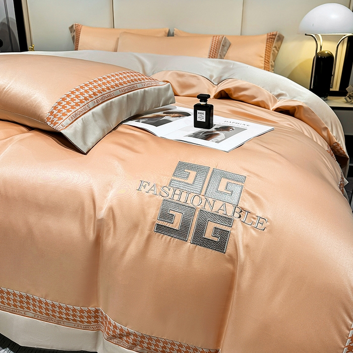 91家纺网 家纺一手货源 找家纺 富盛家纺 2024新款水洗真丝刺绣四件套-威灵顿 威灵顿—橘色