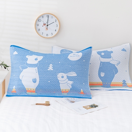 朴尔家纺-毛巾被 2024新款特惠混纺棉质三层纱布独版AB面枕巾 52*78cm一对 爱心熊兰