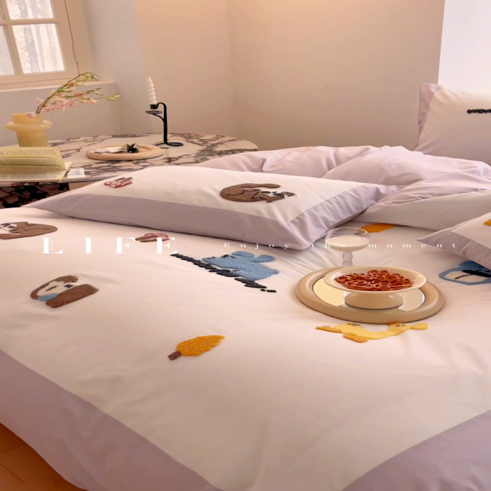 91家纺网 家纺一手货源 找家纺 泽西家纺 2024新款全棉水洗棉毛巾绣大拼角四件套 摩卡乐园