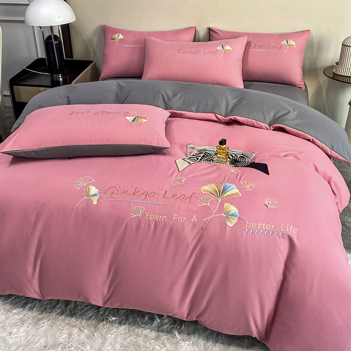 91家纺网 家纺一手货源 找家纺 孟鑫 2025新款水洗磨毛刺绣绣花四件套-三生有杏系列 红豆沙