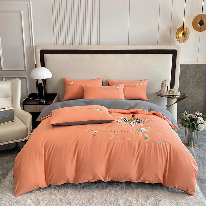 91家纺网 家纺一手货源 找家纺 孟鑫 2025新款水洗磨毛刺绣绣花四件套-三生有杏系列 艾玛橙