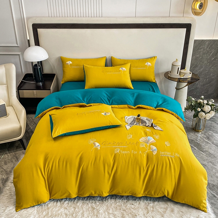 91家纺网 家纺一手货源 找家纺 孟鑫 2025新款水洗磨毛刺绣绣花四件套-三生有杏系列 姜黄