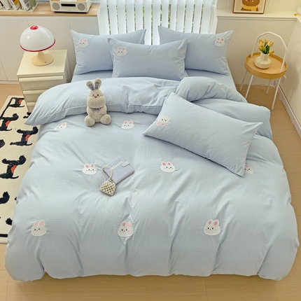 91家纺网 家纺一手货源 找家纺 N先生 2025新款水洗棉泡泡刺绣四件套 小白兔