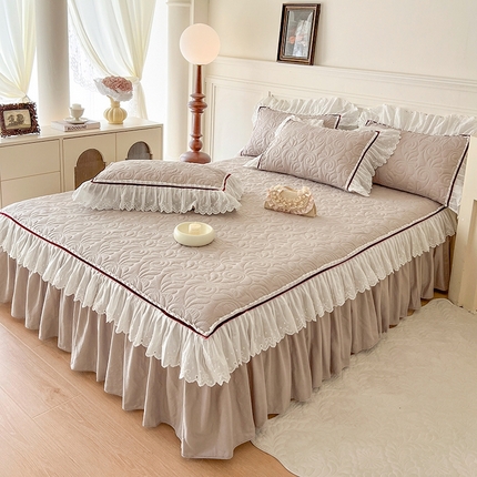 网红馆 2025新款全棉双层纱花边款爱丽丝系列单床裙 杏子灰